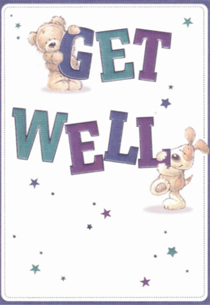 Evoking the caring heart of Chadwell Heath, this get well card offers a playful tableau of gentle encouragement nestled amidst a luminous white background. The joyful scene unfolds with a cuddly brown bear and an affectionate, floppy-eared puppy-each one helping cradle and balance the oversized, bold letters of 'Get Well.' The typography, shaded richly in layers of purple, indigo, and teal, anchors the card in a spirit of cheerful reassurance that mirrors the warm hospitality of Chadwell Heath's neighbourhood. Twinkling star motifs swirl and pirouette around the friends, like well wishes drifting across Mayfield Park on a hopeful spring afternoon. The animals' illustrated fur offers visual texture-soft, inviting, and nearly tangible-inviting a sense of gentle touch even without flowers. Each detail in the artwork is reminiscent of the care taken by local florists selecting blooms for a get well bouquet: every hue and line chosen to comfort and encourage. The scene radiates positivity and heartfelt care, making this card-and any accompanying gift from Chadwell Heath Flowers-a meaningful gesture to lift a loved one's spirits.
