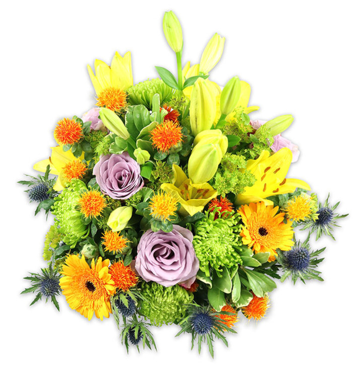 Set against a bright white backdrop that sharpens each tone, this lush, compact bouquet reads like a festival of late-spring colour assembled by a practiced hand. Dominant yellow Asiatic lilies draw the eye upward, their open faces showing delicate speckling and slender stamens, while elongated chartreuse-yellow buds add vertical rhythm and promise future bloom. Two or more soft lavender roses anchor the centre, their velvety petals unfolding in a classic spiral that brings a gentle, romantic focus to the design. Scattered among them are vivid orange Gerbera daisies whose broad, flat petals and darker central discs create cheerful focal points, and abundant lime-green button chrysanthemums that build the piece's plush, textured body. Smaller spherical blooms in orange and sunlit yellow - reminiscent of Craspedia or tiny spiky accents - sprinkle the arrangement with playful detail. Cool blue-grey sea thistles (Eryngium) appear at the lower and side edges, their spiky, star-like bracts providing an unexpected, sculptural contrast that elevates the bouquet's modern character. A mix of glossy and feathery greens envelops the flowers, offering structural support and a verdant backdrop that deepens the colour story. The lighting is gentle and even, allowing tactile differences - silky petals, ruffled buttons, prickly thistles - to be read visually, while the scent profile promises the lilies' sweet lift tempered by the soft perfume of roses and the green, leafy base. Perfect as a celebratory centerpiece, a thoughtful anniversary gift, or a comforting bouquet for friends in Little Heath and nearby Romford, this arrangement conveys warmth, energy and considered floral artistry.